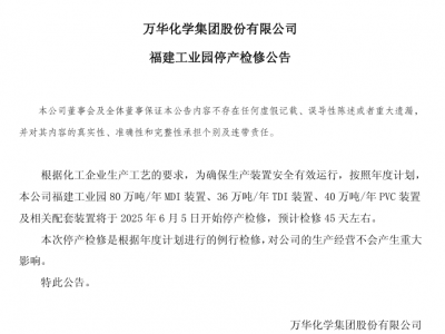 万华化学，四大装置超250万吨产能将停产检修技改