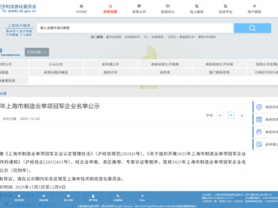 2025年上海市制造业单项冠军企业名单公布