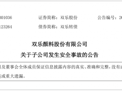 颜料龙头出事！双乐子公司事故致1人死亡